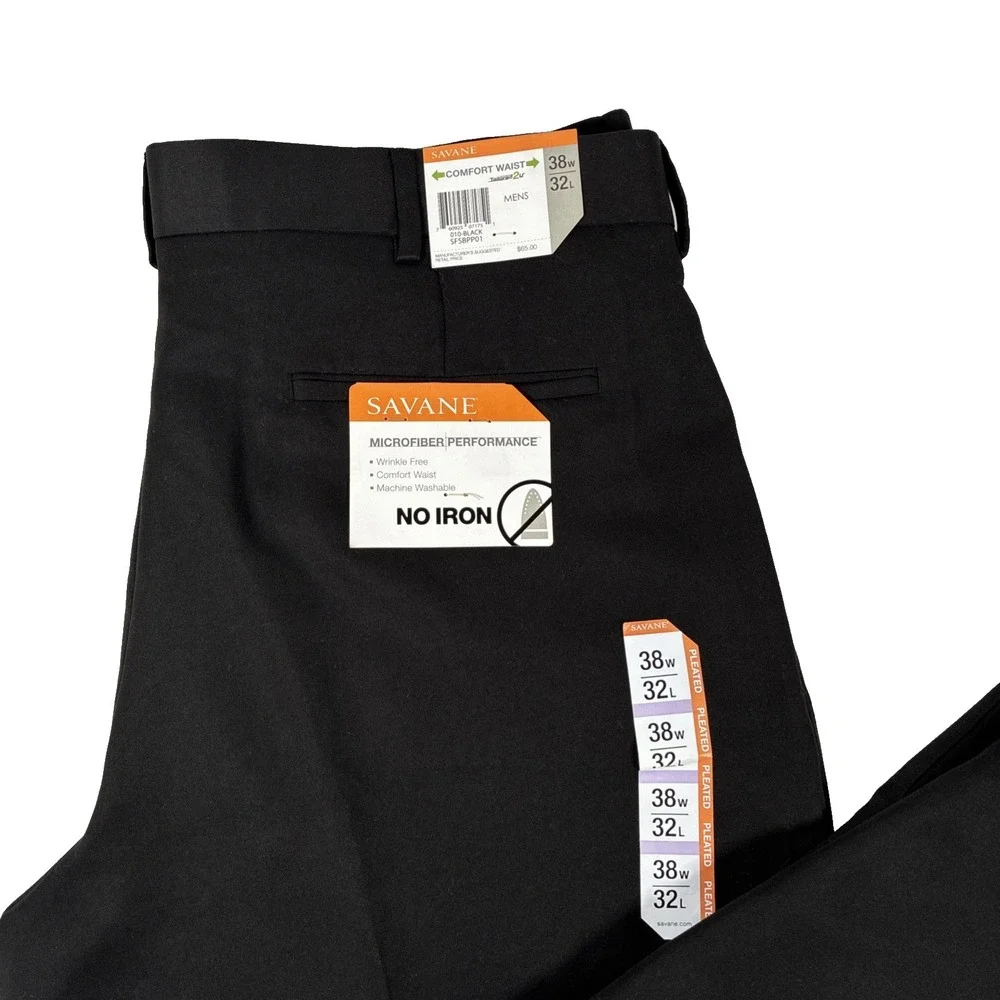 New Mens Savane Pleated Comfort Waist Chino Pants Size 38x32 Black Microfiber